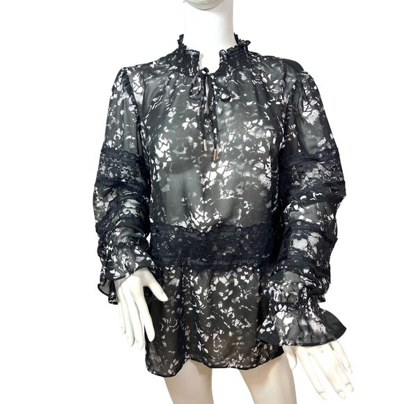 DKNY Blouse M Black White Speckled Lace Trim Long Sleeves Ruffle Neck Ties Sheer - Picture 1 of 16